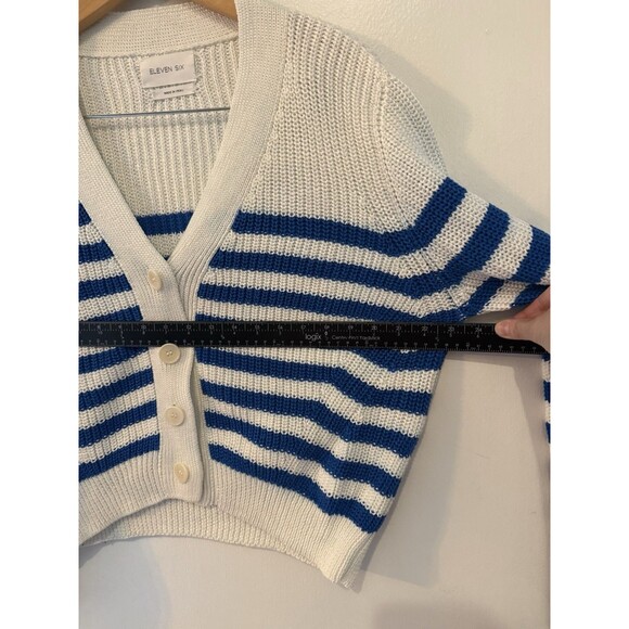 Eleven Six Women’s M/L Cardigan Sweater White With Blue Stripes Button Up Top - Picture 6 of 7